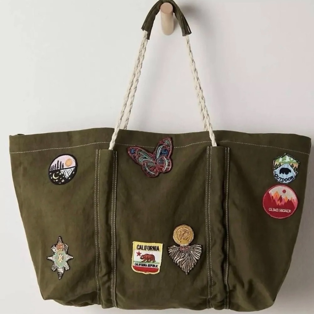 Free People Olive Tote with Embroidered Patches NWT